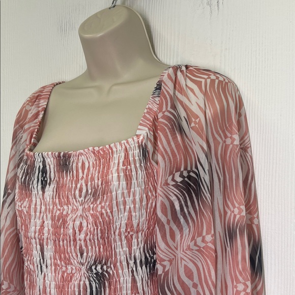 Anthropologie - Rouen Coral Watercolor Abstract Smocked Square Neck Blouse Med - Picture 7 of 11